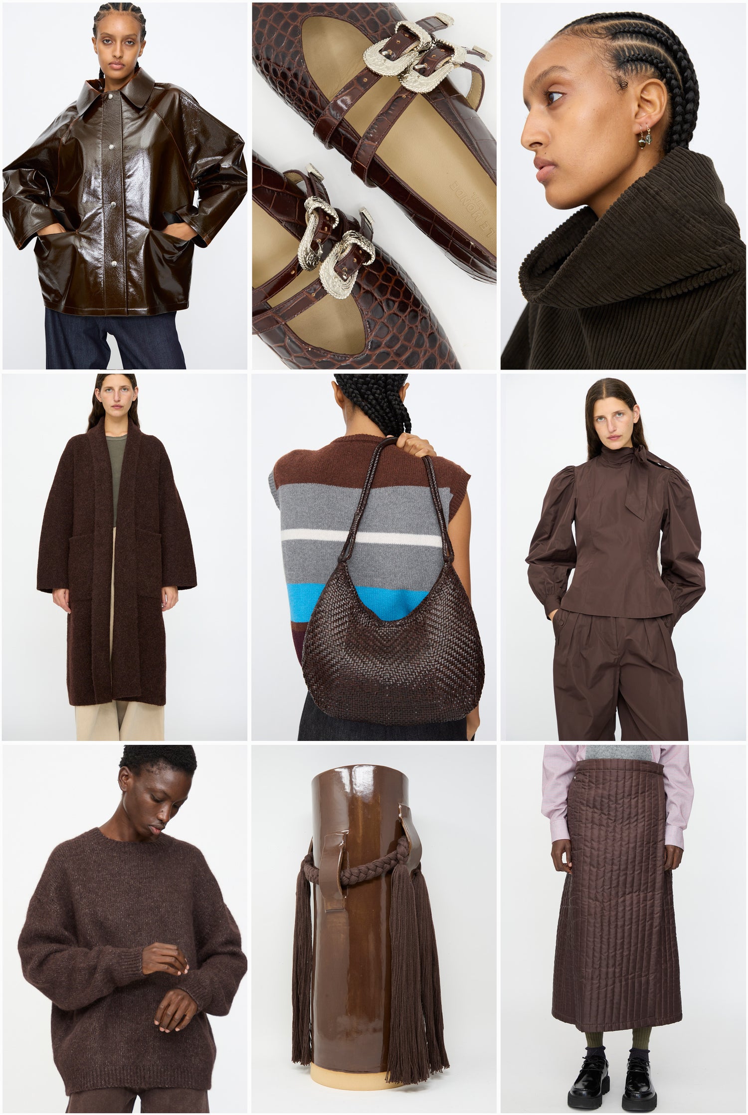 Collage of brown clothing and accessories including a coat, shoes, and skirt.