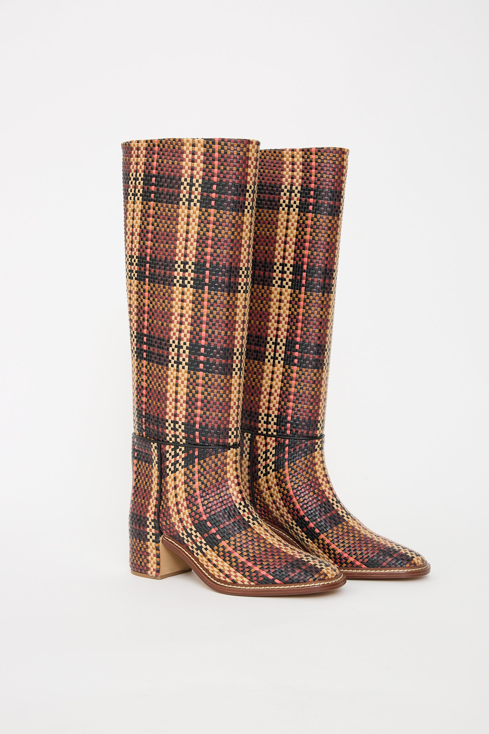 Elena Woven Riding Boots in Brown against a white background.