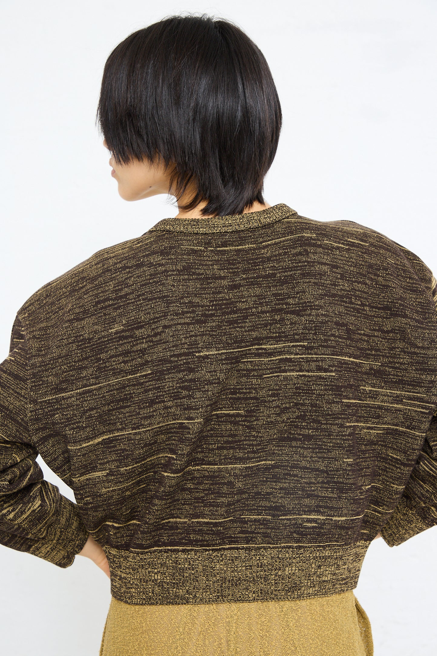 A person from behind wearing a Veronique Leroy multi-color knit, textured gold and black Cotton Boxy Sweater in Pepper with a cropped, dark hairstyle.