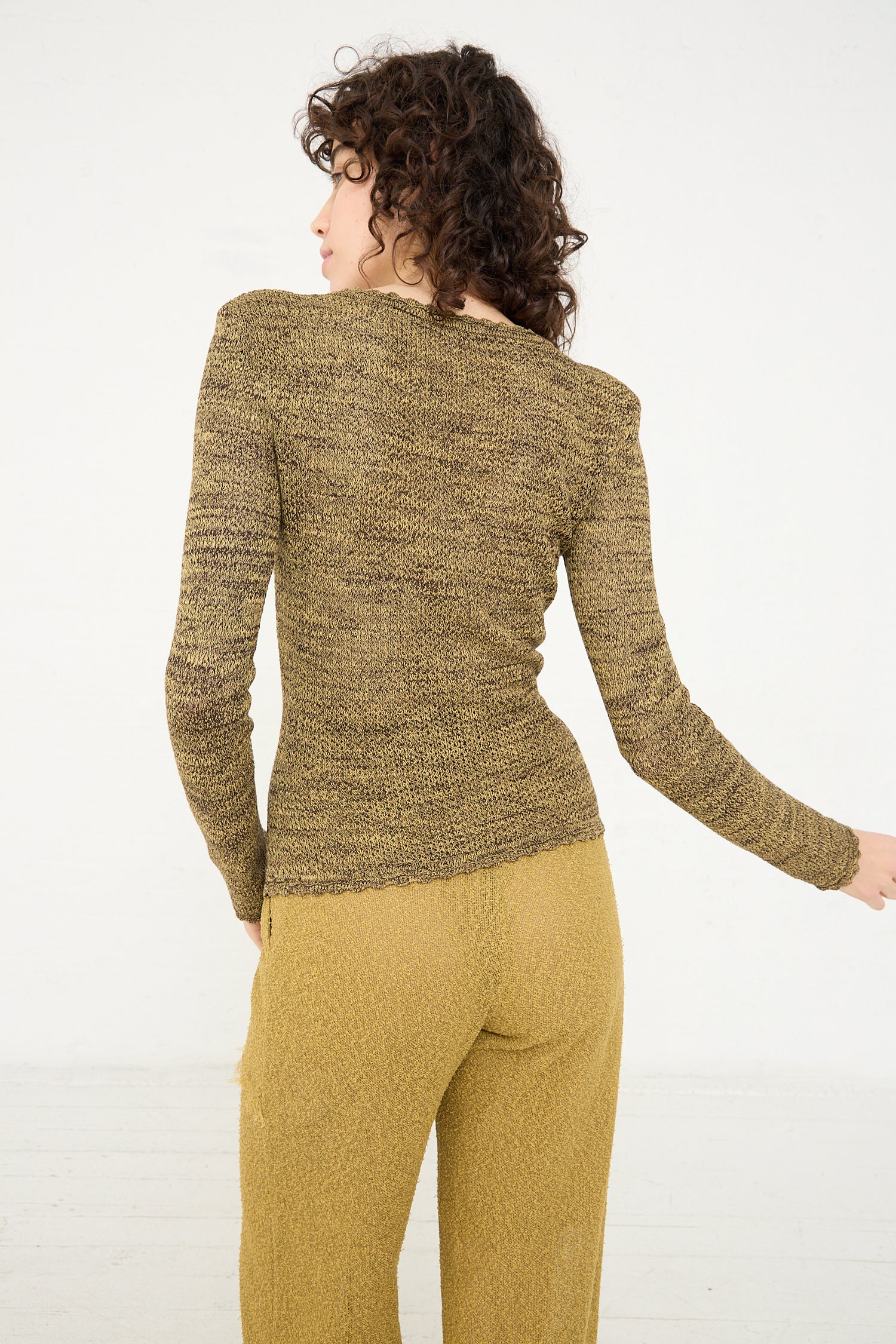 A woman in a brown, Veronique Leroy Long Sleeve Knit Top in Pepper.