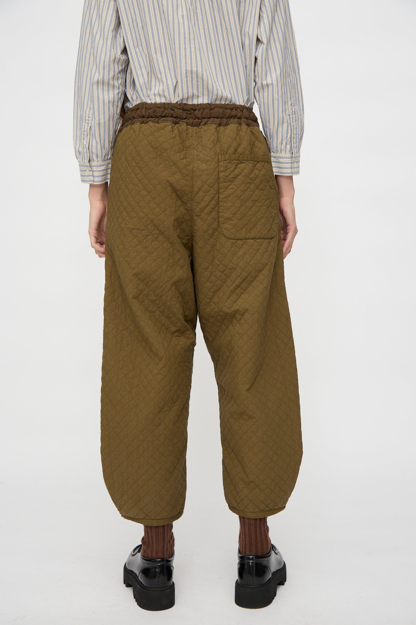 Model wears nest Robe's Quilted Drawstring Trouser in Olive, paired with a striped shirt, brown socks, and black shoes; photographed from the back against a plain white background.