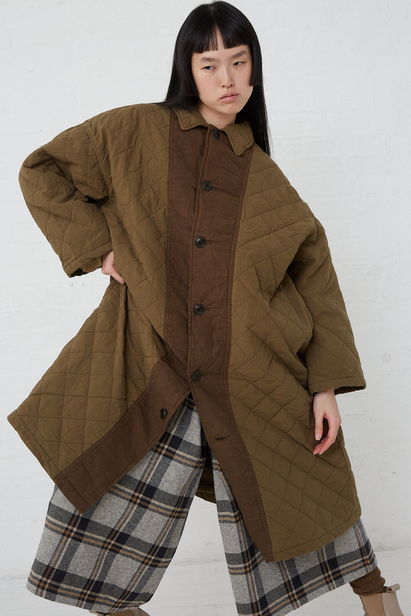 Cotton Ramie Quilted Long Coat in Olive