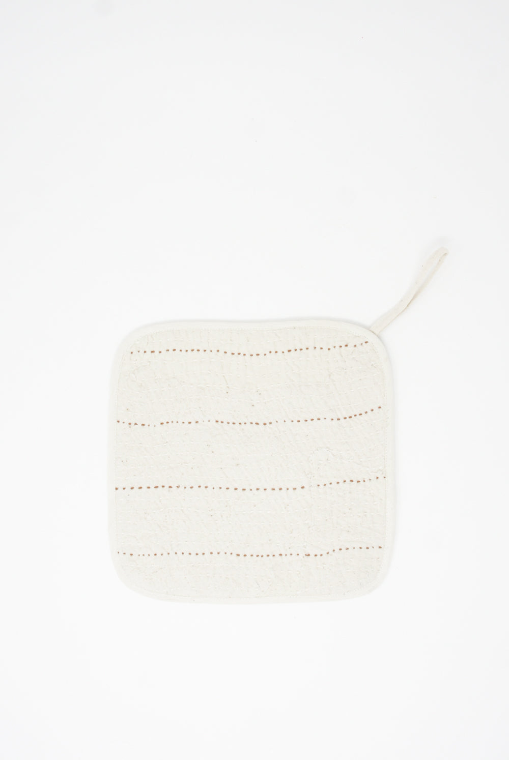 White Hand Quilted Pot Holder in Ecru with stitched patterns against a white background, created from zero-waste textiles by 11.11.