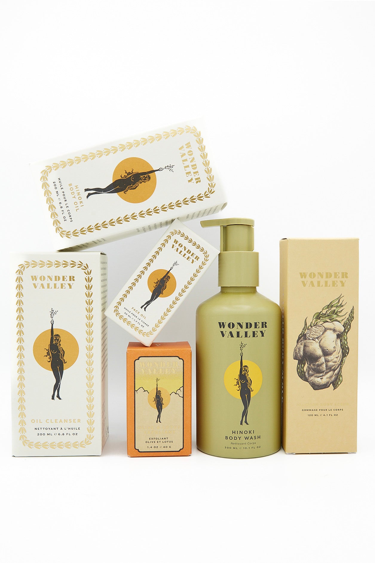 A collection of exfoliating soaps, detoxifying body lotions, and a Wonder Valley Seaweed Body Scrub.