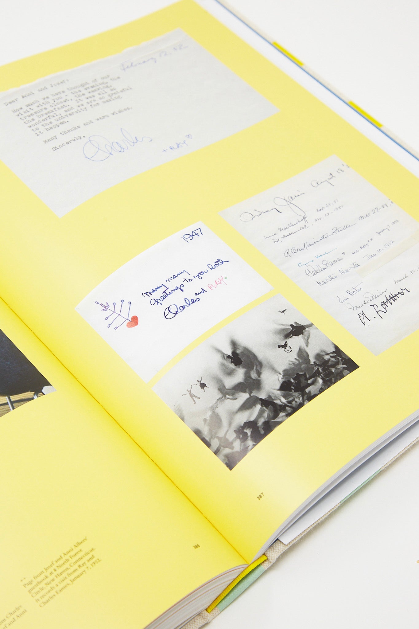 An open book with a yellow page displaying various handwritten notes and signatures, including mentions of Anni Albers, the textile artist. The product is "Anni & Josef Albers: Equal and Unequal" by Phaidon.