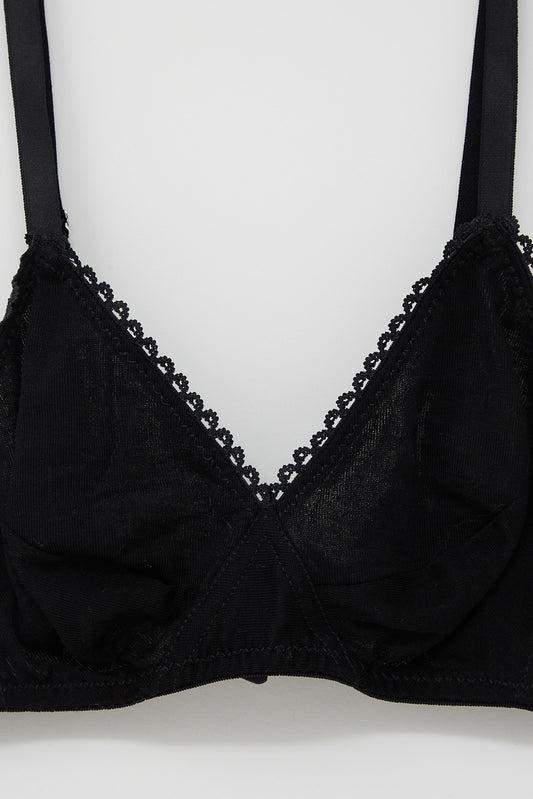 An Araks Antonia Bralette in Black with lace detailing. Up close view.