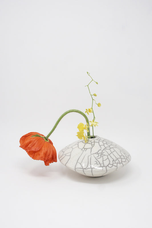 A wilting red poppy flower and a sprig of yellow flowers in a MONDAYS Ikebana Vase in Raku-Fired Stoneware with a cracked pattern design.