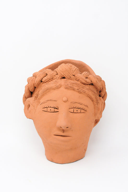 Replacement: Oaxaca terracotta sculpture of a Travel Find Large Head Planter with detailed facial features and hair.