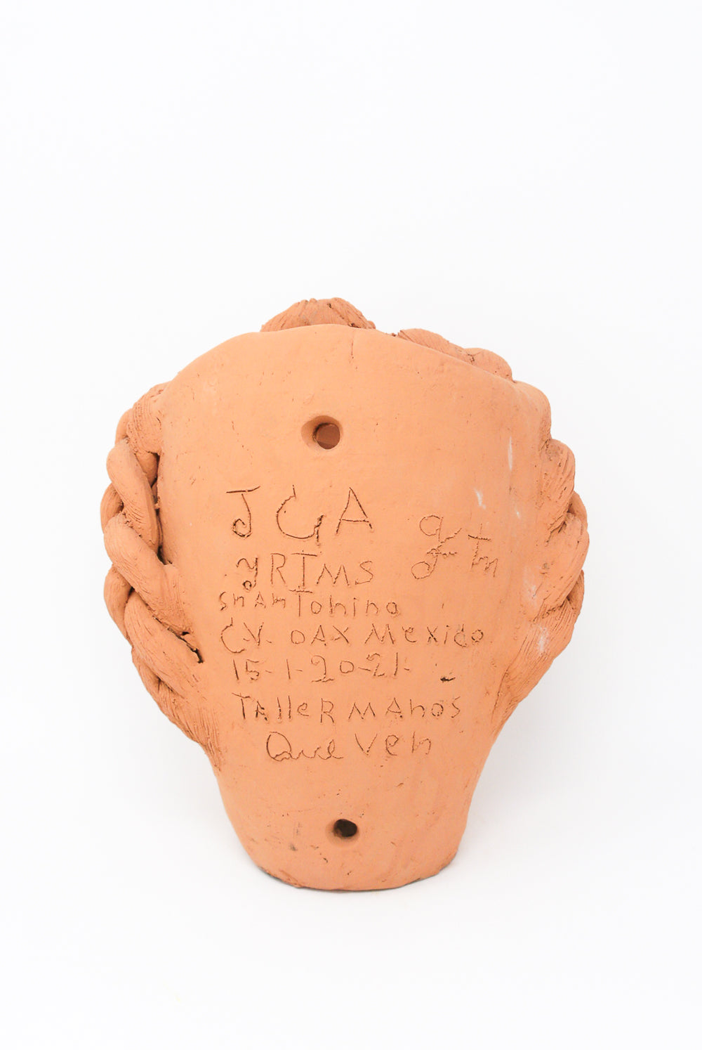 Large Head Planter in Terracotta with braided detail and inscriptions, possibly a traditional craft from Oaxaca, Mexico by Travel Find.