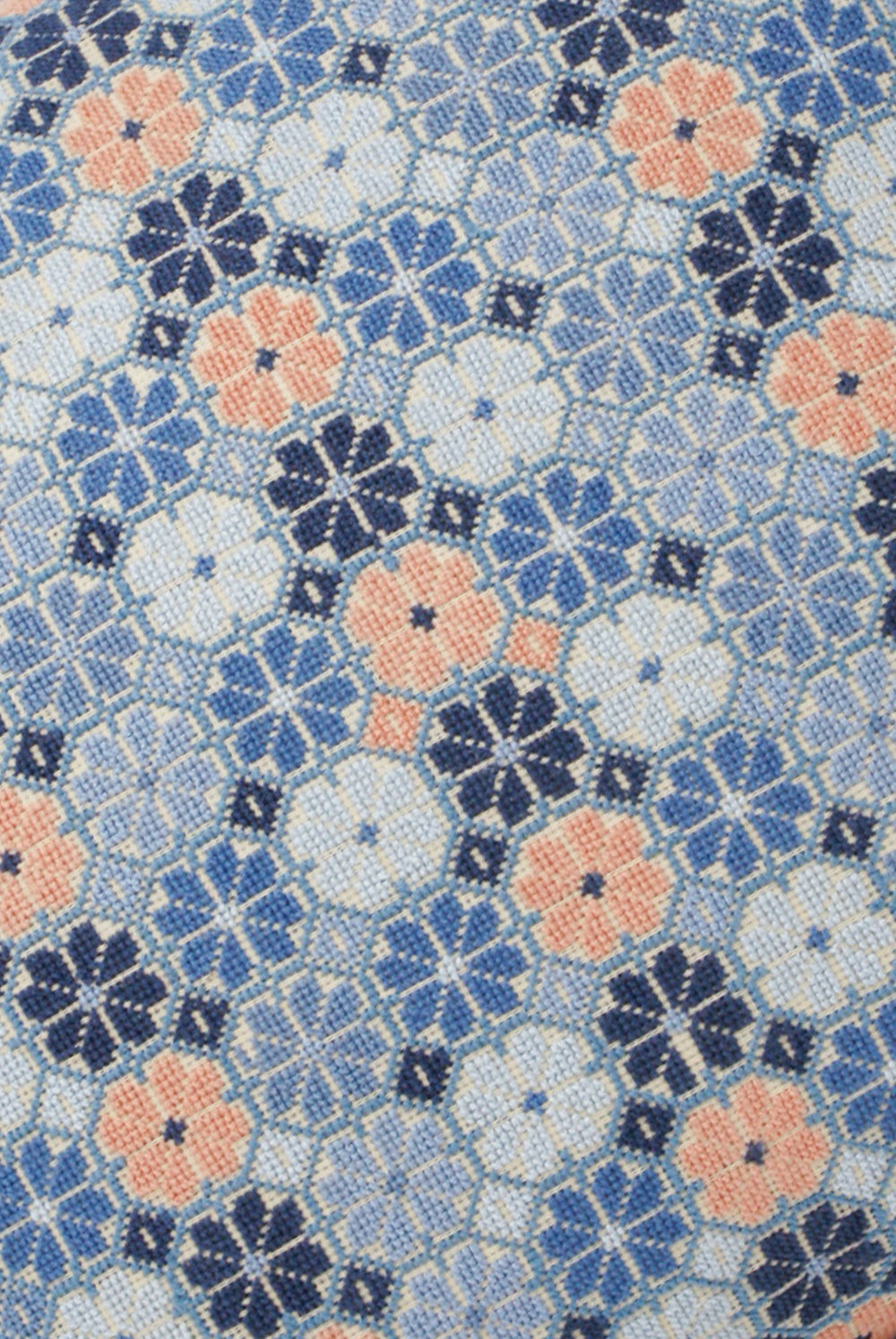Kissweh Damask Rose Hand Embroidered Pillow in Indigo & Peach detail