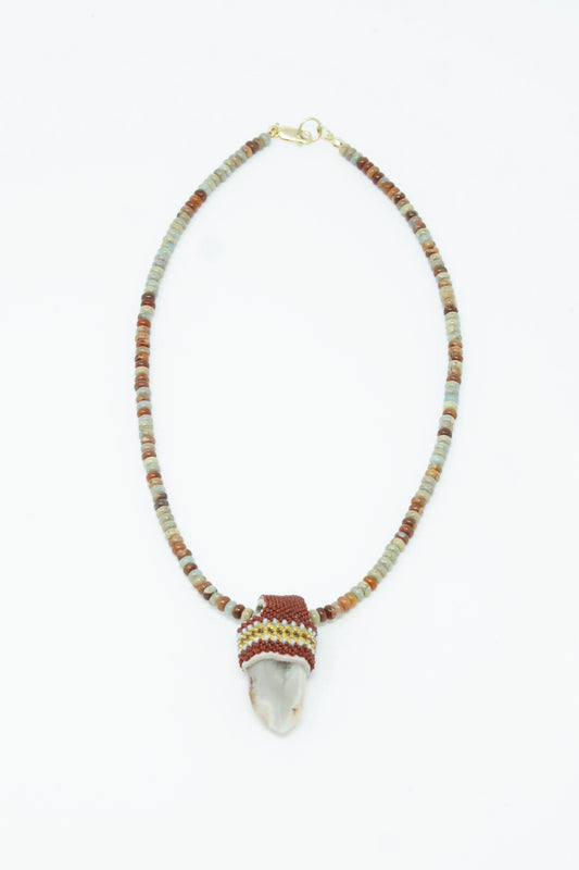 A Pendulum Necklace with Sea Sediment Imperial Jasper beads and gold bead, featuring Lithium Quartz beads, by Robin Mollicone.