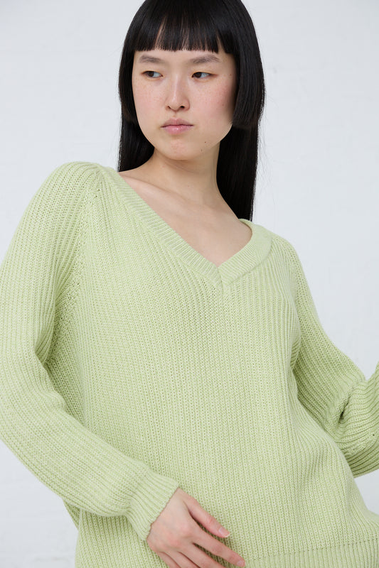 The model is wearing a slim fit, long sleeve Cotton Dodd V Neck Pullover in Mimosa made of ribbed organic cotton from Baserange. Front view. 