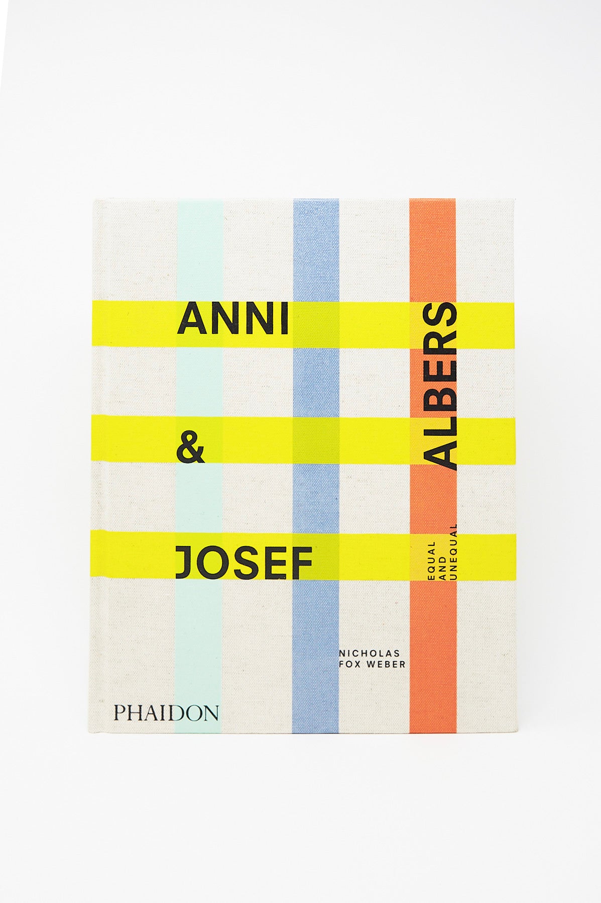 A book cover with a minimalist striped design featuring the title "Anni & Josef Albers: Equal and Unequal," both renowned textile artists, and the publisher "Phaidon" with the author's name, "n".