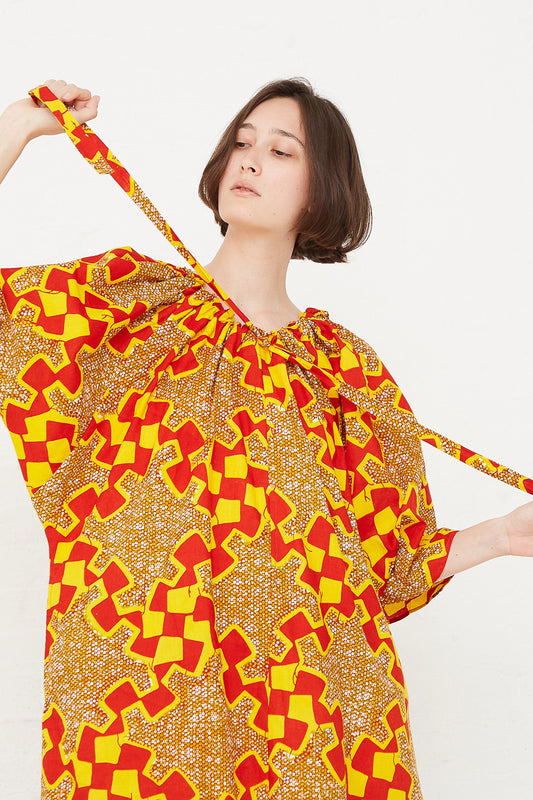 Odile Jacobs - Arielle Dress in Yellow/Red gathered neck and tie detail