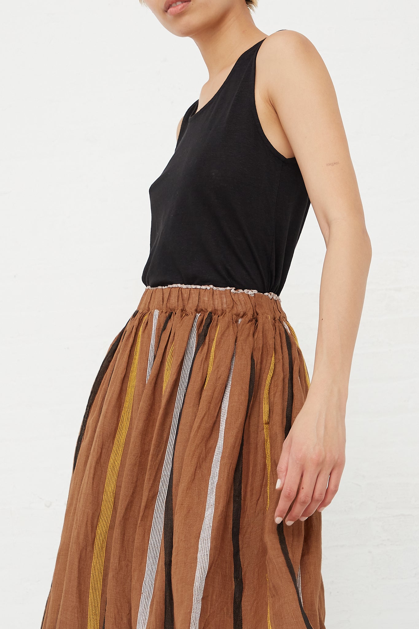 Ichi Antiquites - Linen Dobby Stripe Skirt in Brown side waistband detail