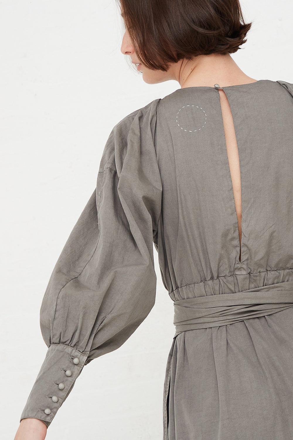 Cosmic Wonder - Suvin Cotton Broadcloth Wrapped Dress in Sumi back sleeve detail