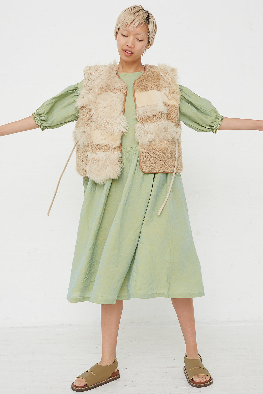 Milena Silvano - Sheepskin Transition Vest Patchwork Multi B full front view