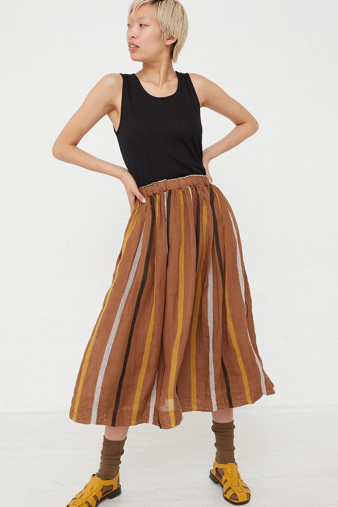 Ichi Antiquites - Linen Dobby Stripe Skirt in Brown front view