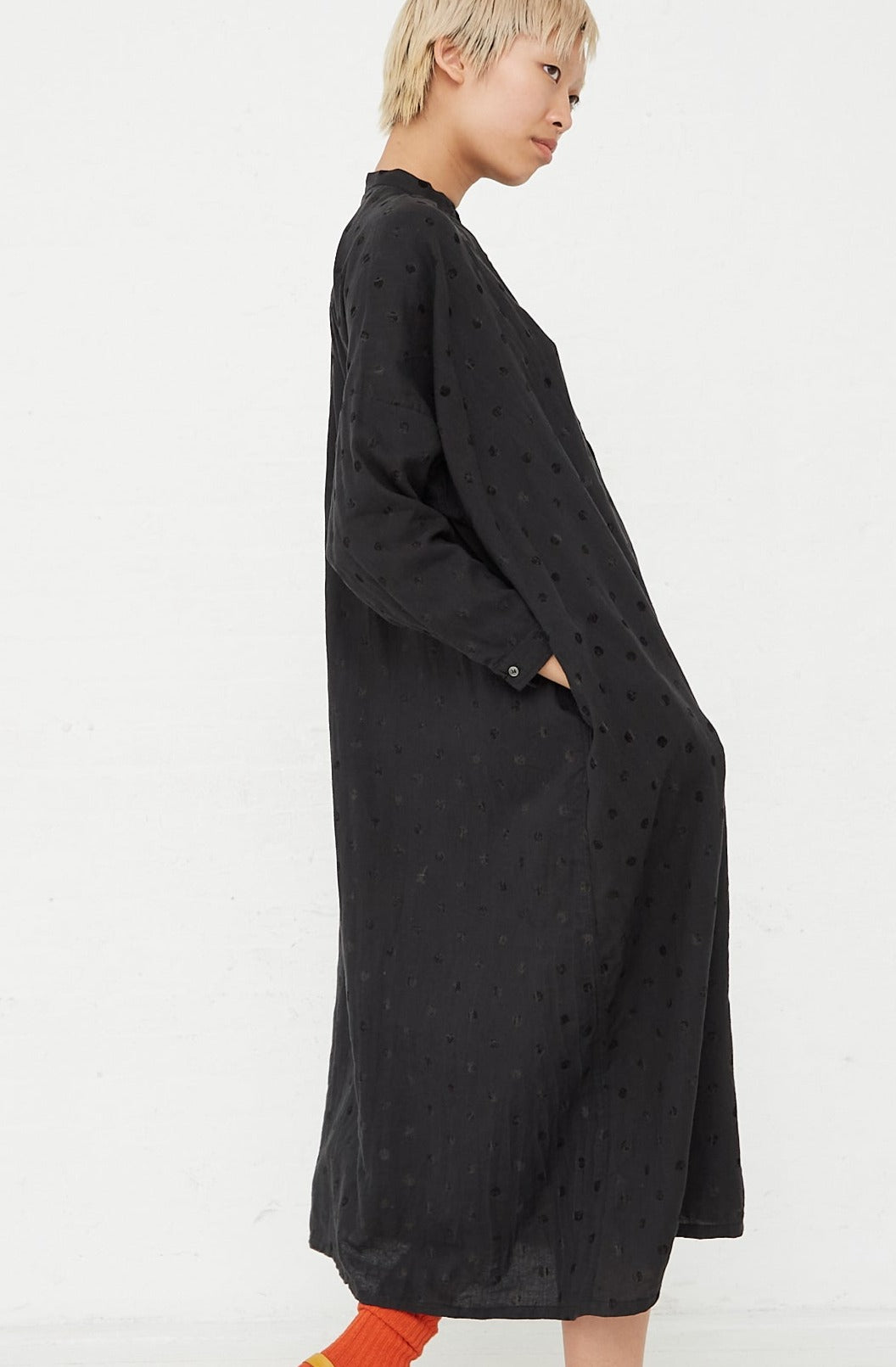 Ichi Antiquites - Azumadaki Ramie Flocky Dot Linen Dress in Black side view