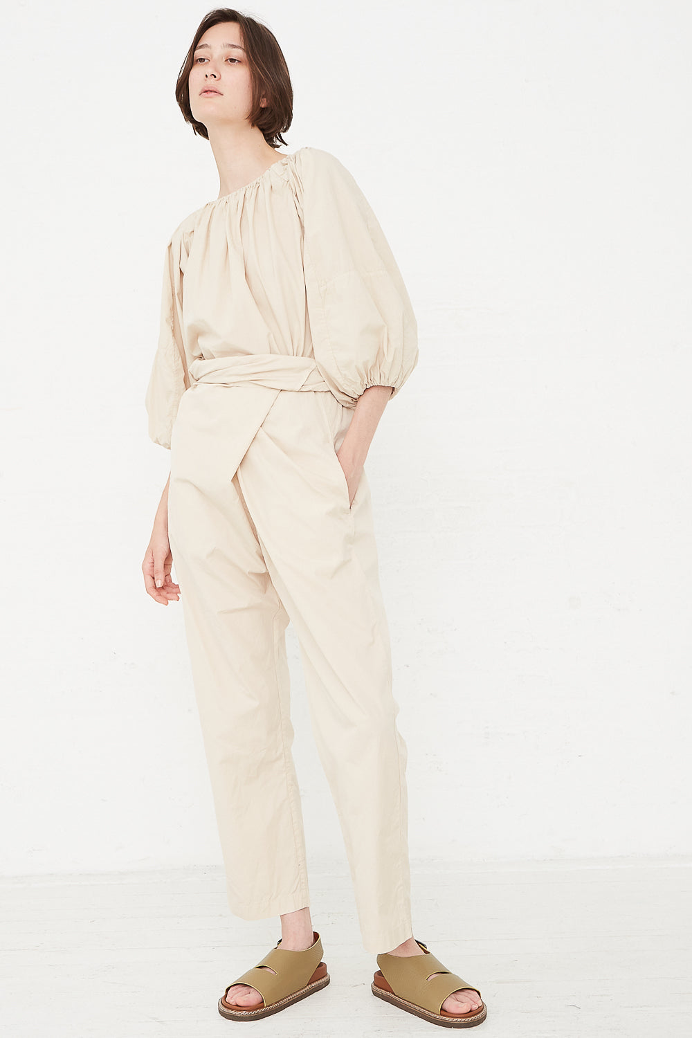 Cosmic Wonder - Suvin Cotton Broadcloth Wrap Pant in Beeswax full front view