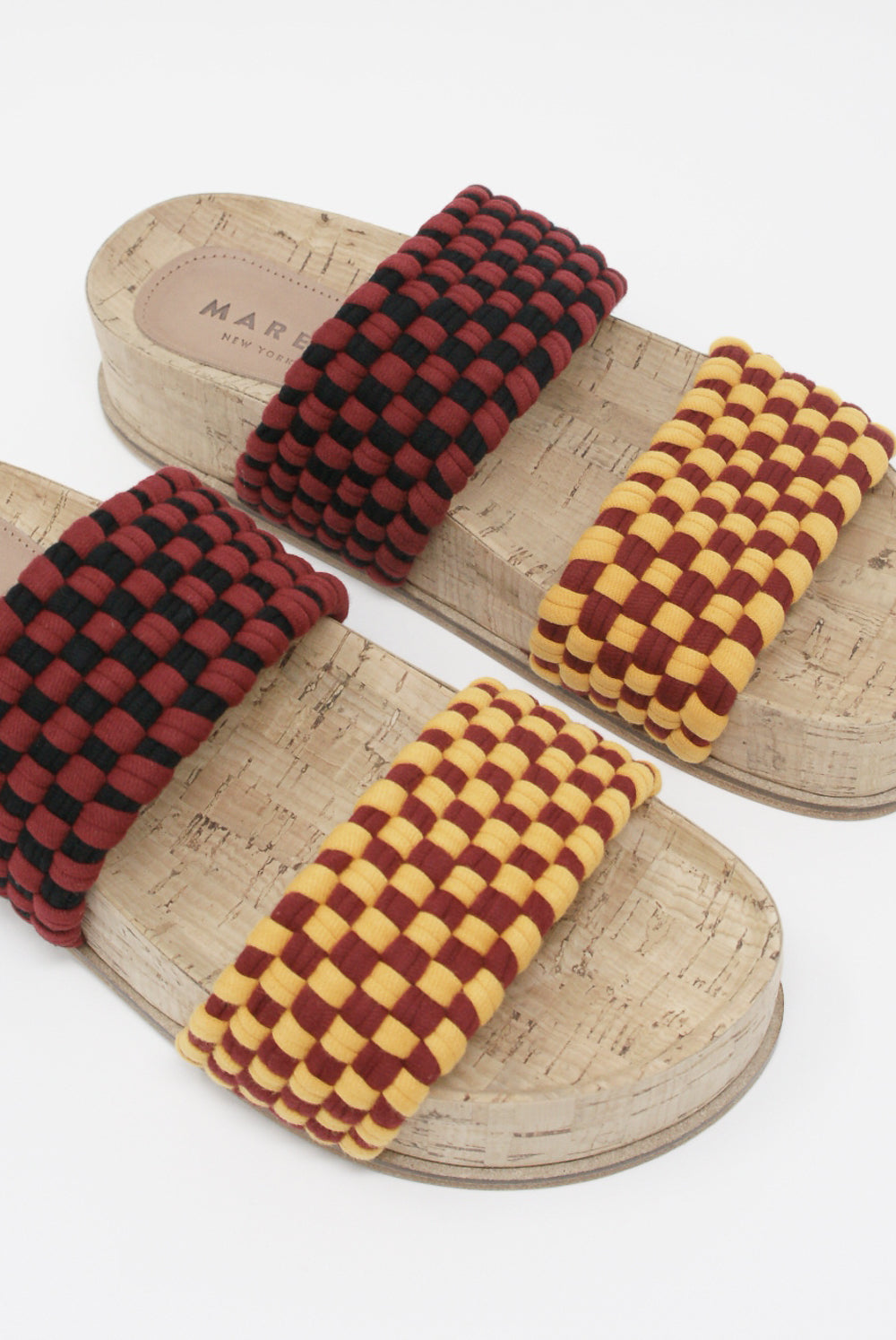 Marea - Dobla Banda Cork Sandal in Burgundy/Mustard woven strap detail