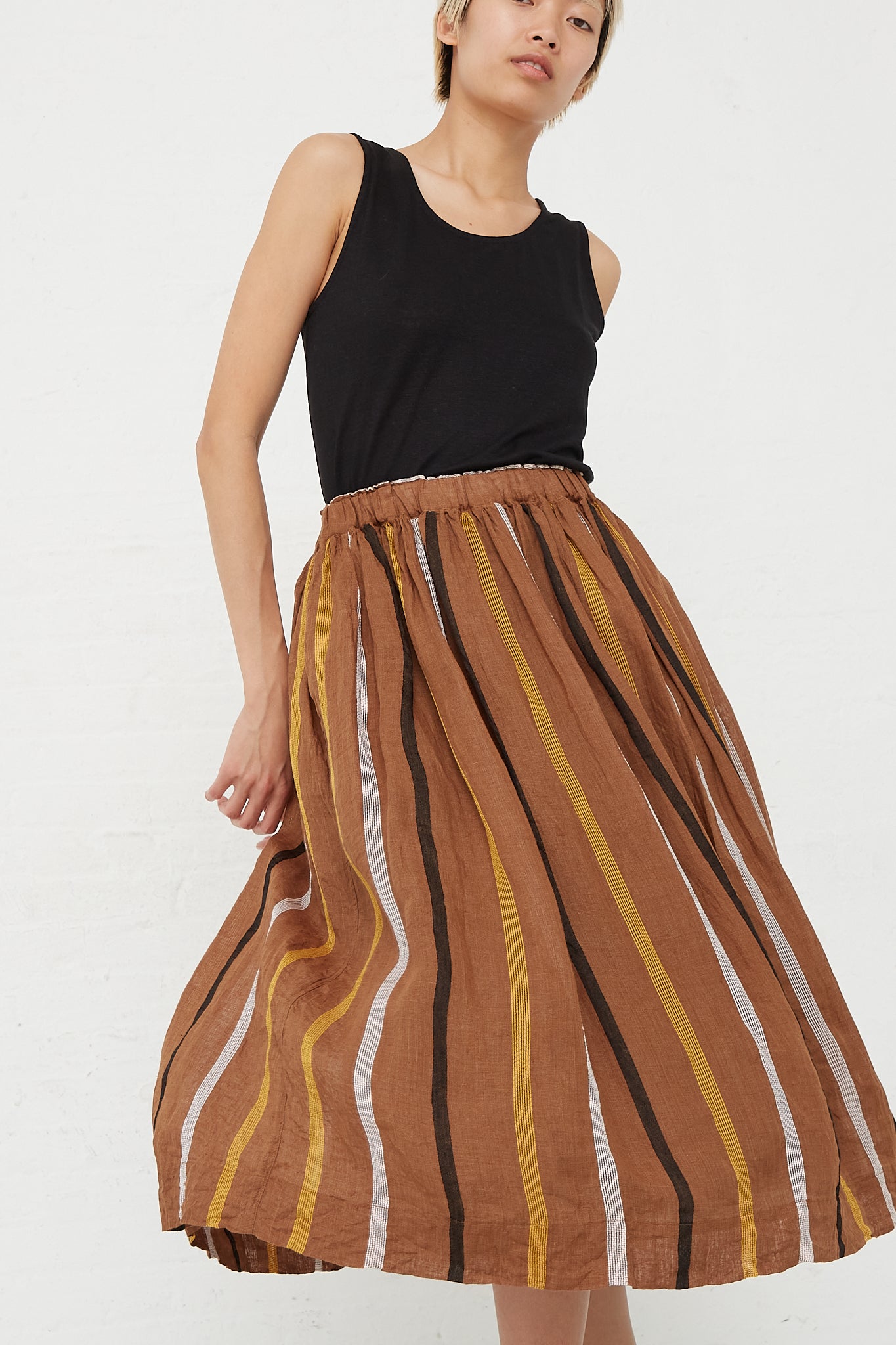 Ichi Antiquites - Linen Dobby Stripe Skirt in Brown front detail