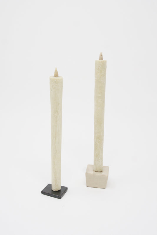 Daiyo - Sumac Wax Candle White No.5 - 2-Piece Pack shown with Iron Candle Holder and Cubic Ceramic Candle Holder