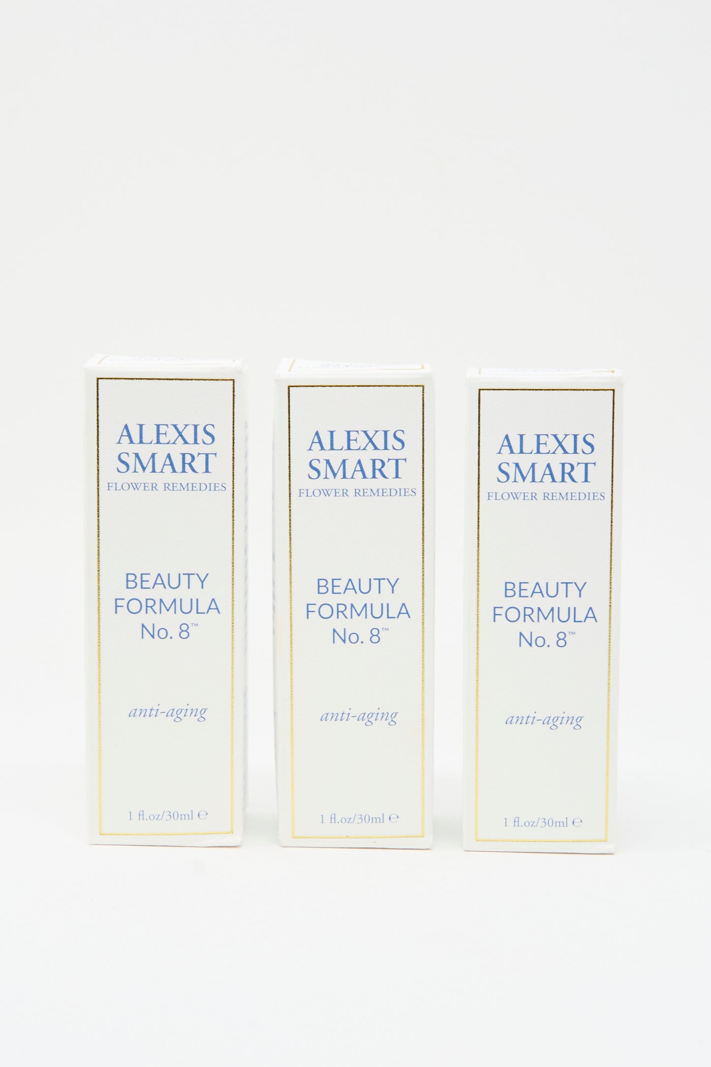 Three boxes of Alexis Smart Flower Remedies - Beauty Formula No. 8 are upright against a plain white background.