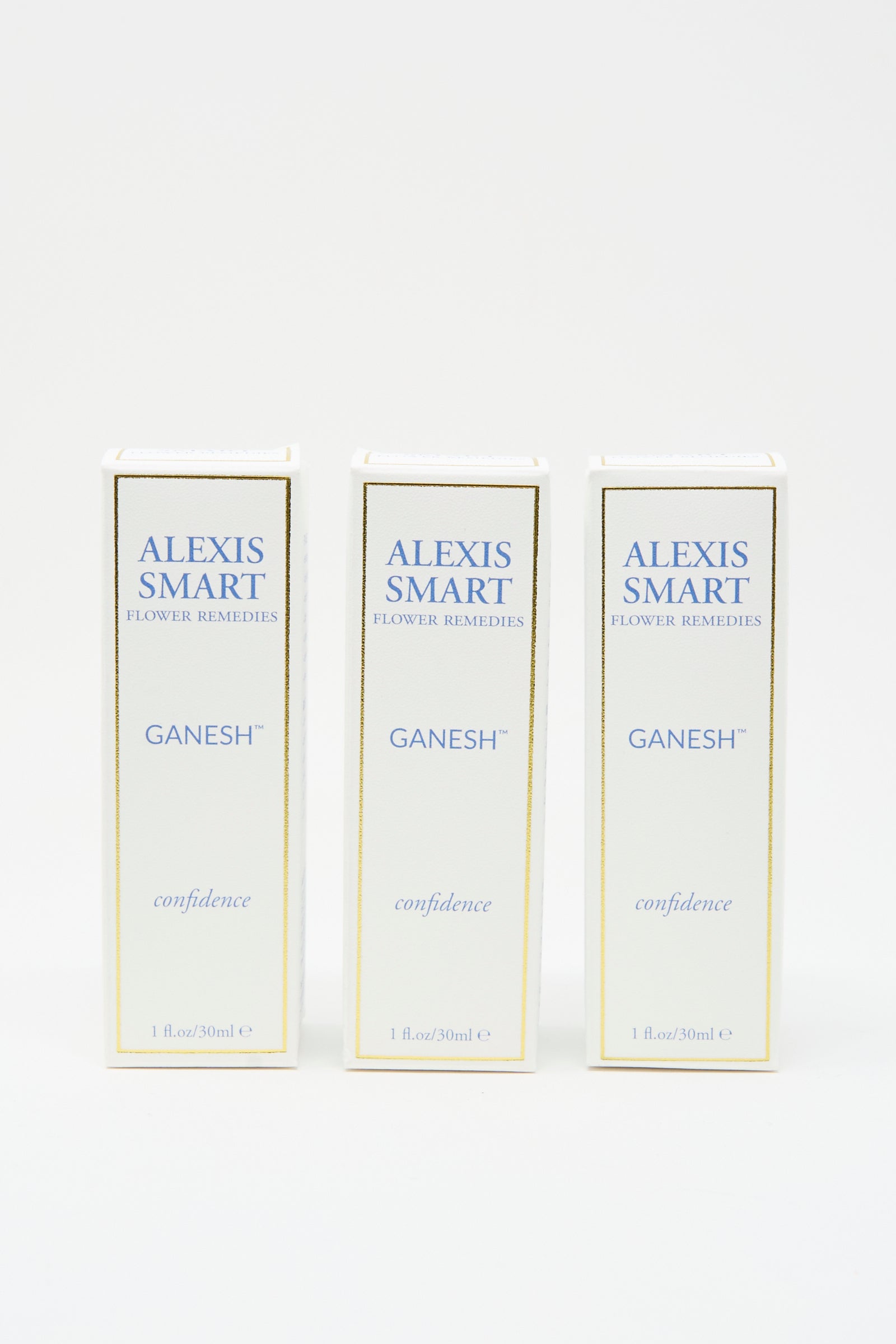 Three boxes of Alexis Smart Flower Remedies - Ganesh, each 1 fl. oz. (30 ml), for confidence support, are arranged upright against a plain white background.