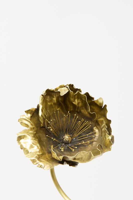 Alison Layton Brass Papaver No. 3 sculptural sterling silver poppy flower with ruffled petals and thin stamens, set against a white background.