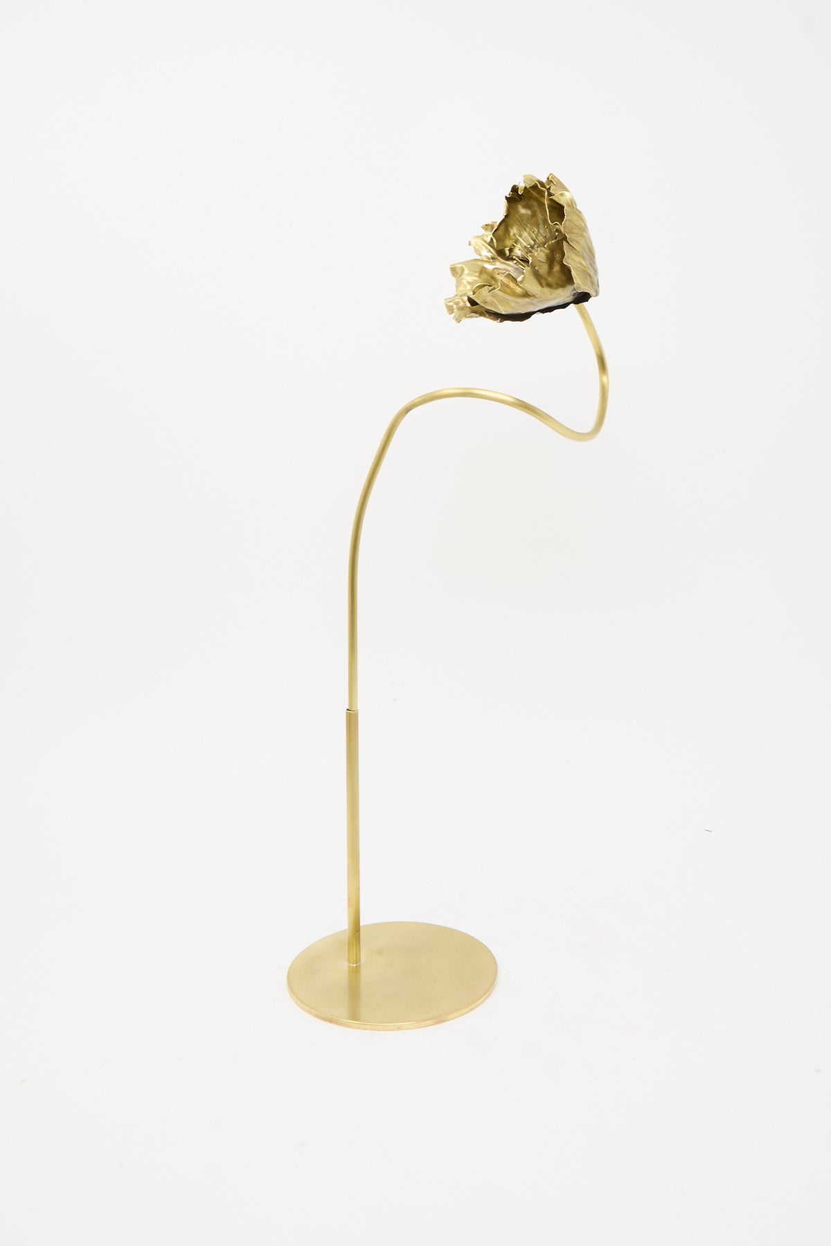 The Brass Papaver No. 3 is a decorative brass sculpture of a single poppy flower on a curved stem with a circular base.