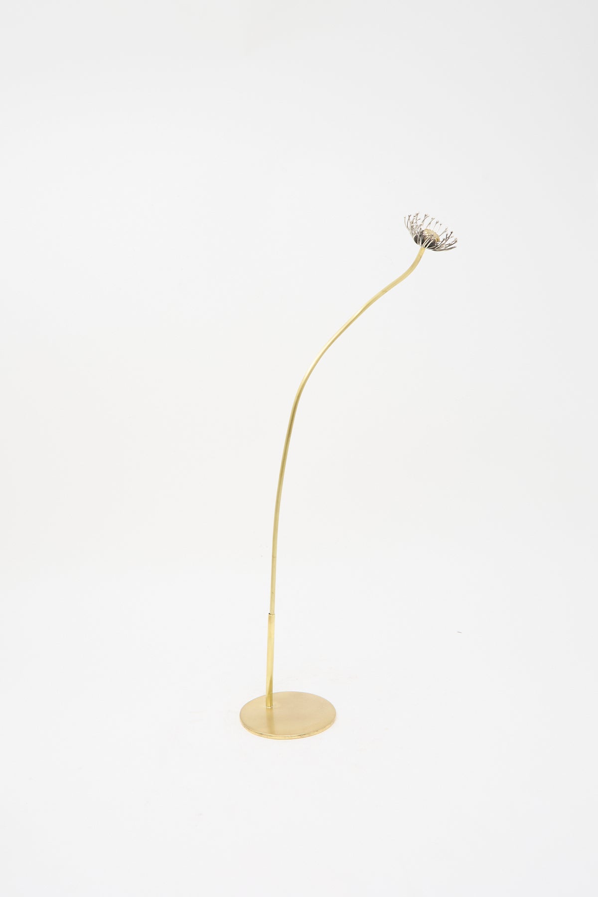 A tall, slender brass Sterling Silver and Brass Papaver No. 12 - II floor lamp by Alison Layton featuring a curved stem and a small, delicate flower-shaped shade at the top.