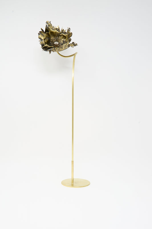 A Brass Base - Large floor lamp with a slender brass stand and a single large, dark brass flower-shaped shade reminiscent of Alison Layton Papaver sculptures.