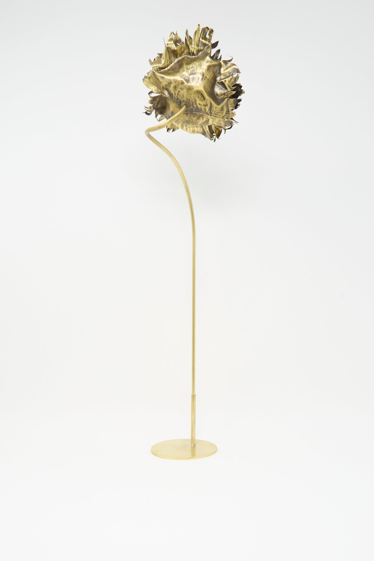 An Alison Layton Sterling Silver and Brass Papaver No. 5 sculpture of a flower with a metallic textured bloom on a long, slender stem and circular base.