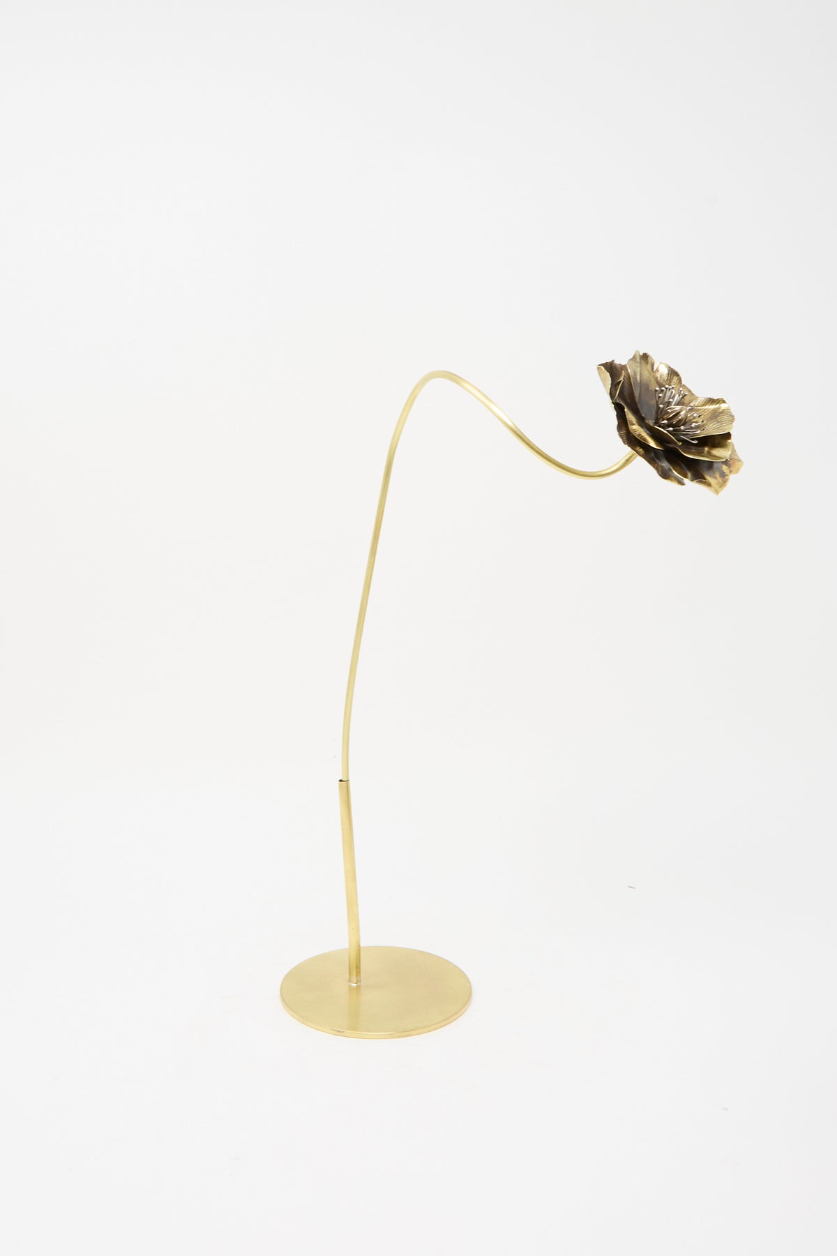 A handmade Sterling Silver and Brass Papaver No. 8 sculpture featuring a metal flower on a long, curved stem and circular base.