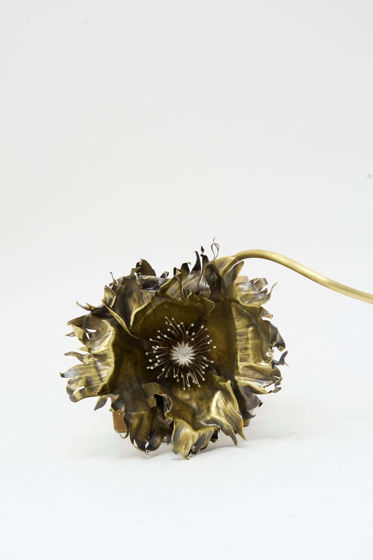 Alison Layton Sterling Silver and Brass Papaver No. 5, a handmade NYC-sculpted metal flower with dark, ruffled petals and a long, curved stem.