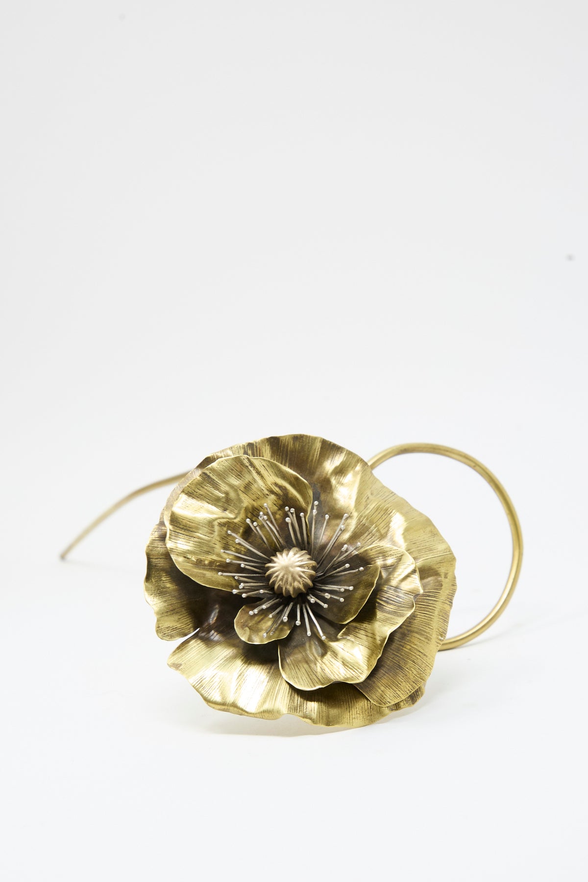 Alison Layton Sterling Silver and Brass Papaver No. 7 - I handmade NYC brass poppy-shaped sculpture with silver stamens and a curved stem.