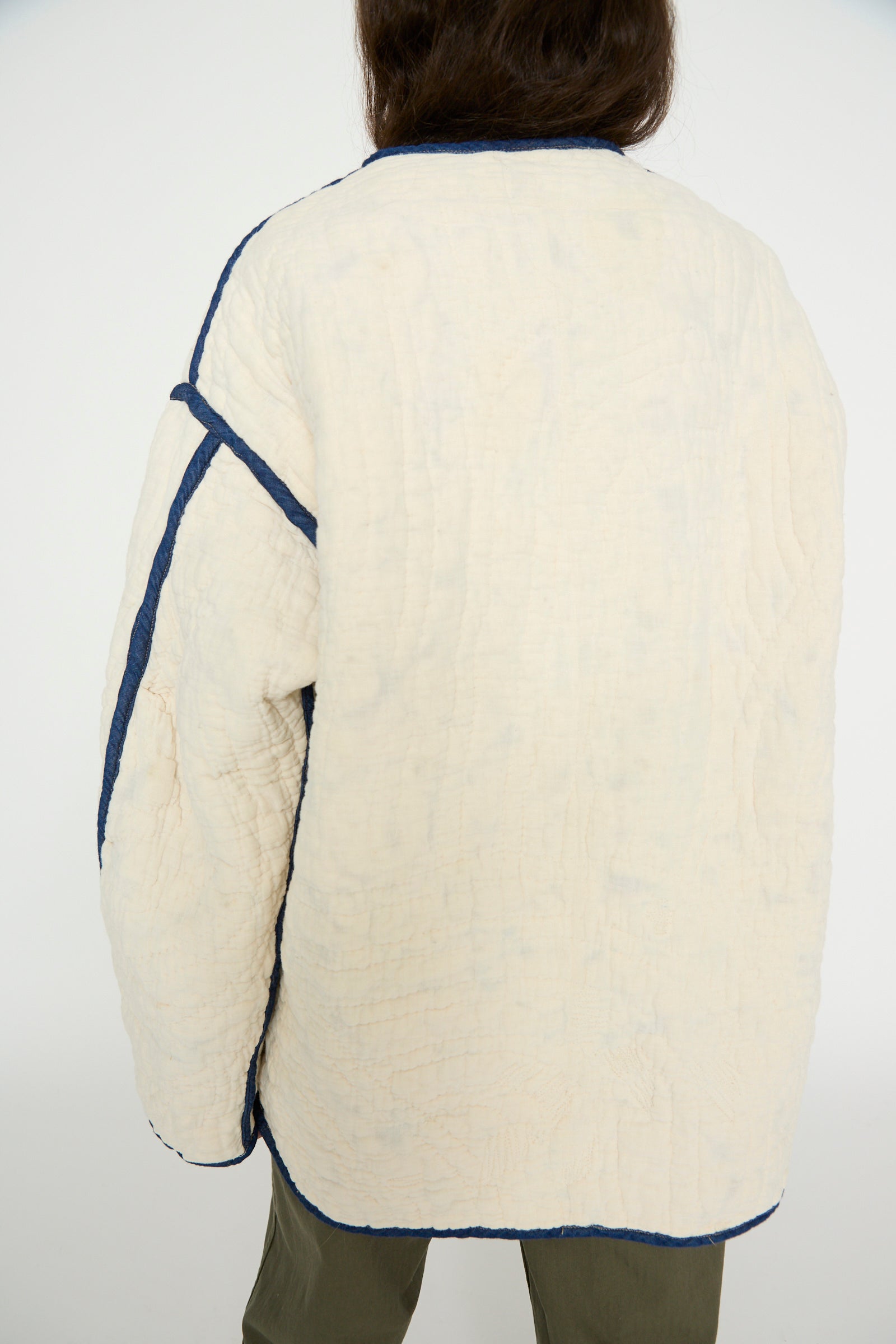 A person wearing the As Ever Vintage Quilt Coat in Multi Color is seen from the back, against a white backdrop. 