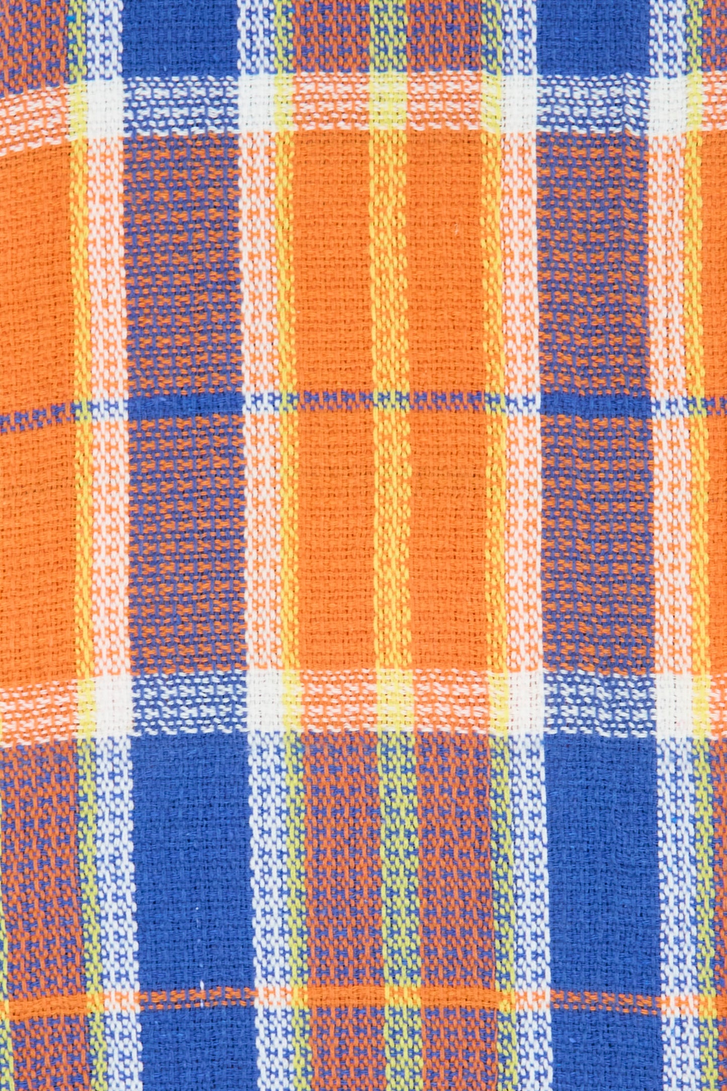 Close-up of the Auntie Oti Dobby Plaid Towel in Orange and Blue, featuring a handwoven checkered pattern with orange, blue, white, and yellow accents.