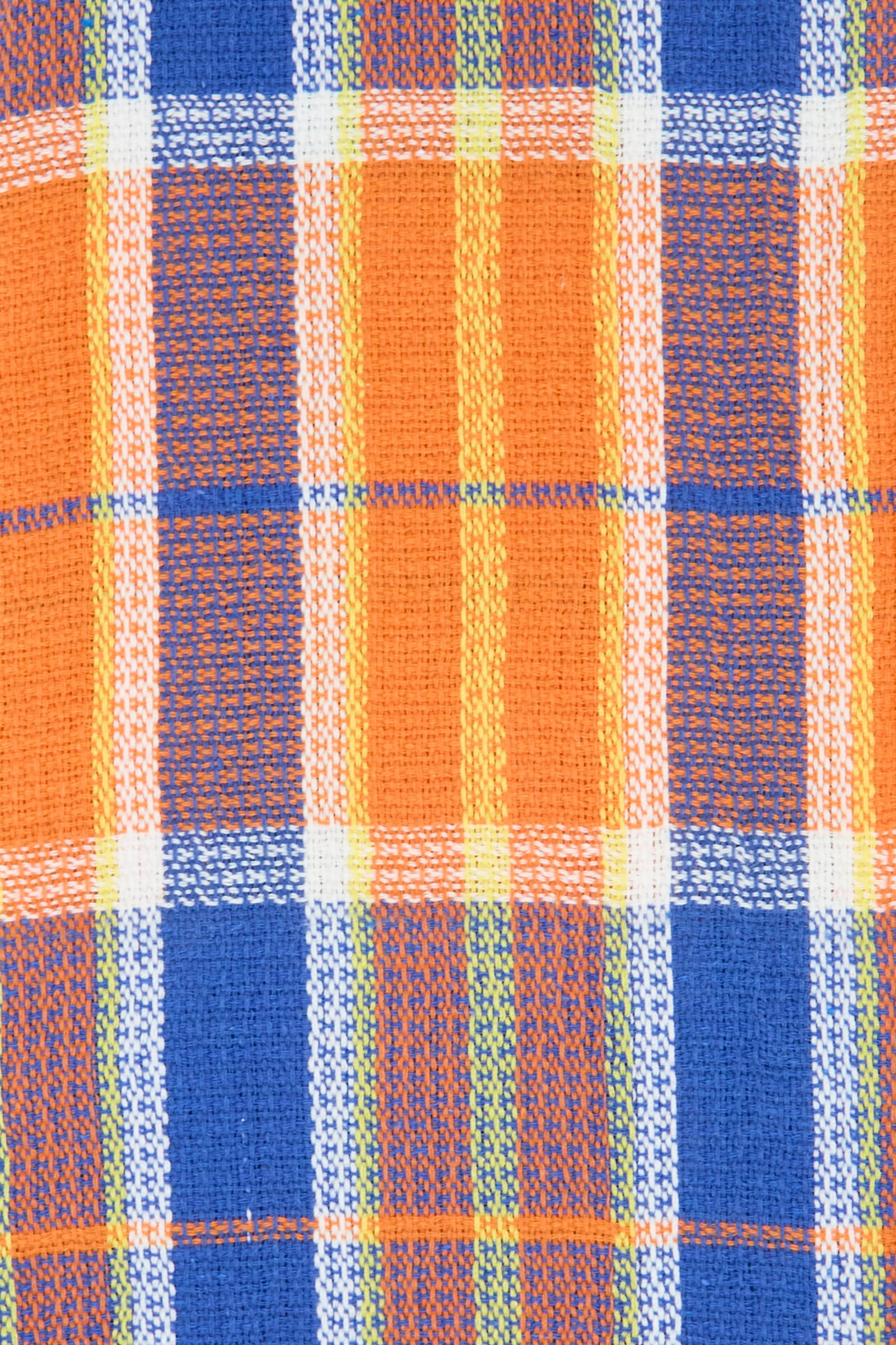 Close-up of the Auntie Oti Dobby Plaid Towel in Orange and Blue, featuring a handwoven checkered pattern with orange, blue, white, and yellow accents.