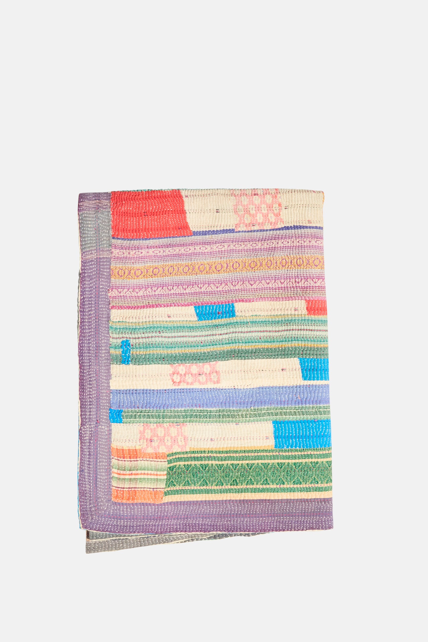 The One of a Kind Vintage Kantha Quilt II by Auntie Oti is a folded, multicolored patchwork piece with horizontal stripes and patterns in pink, green, blue, purple, and cream, crafted from soft upcycled cotton for cozy comfort.