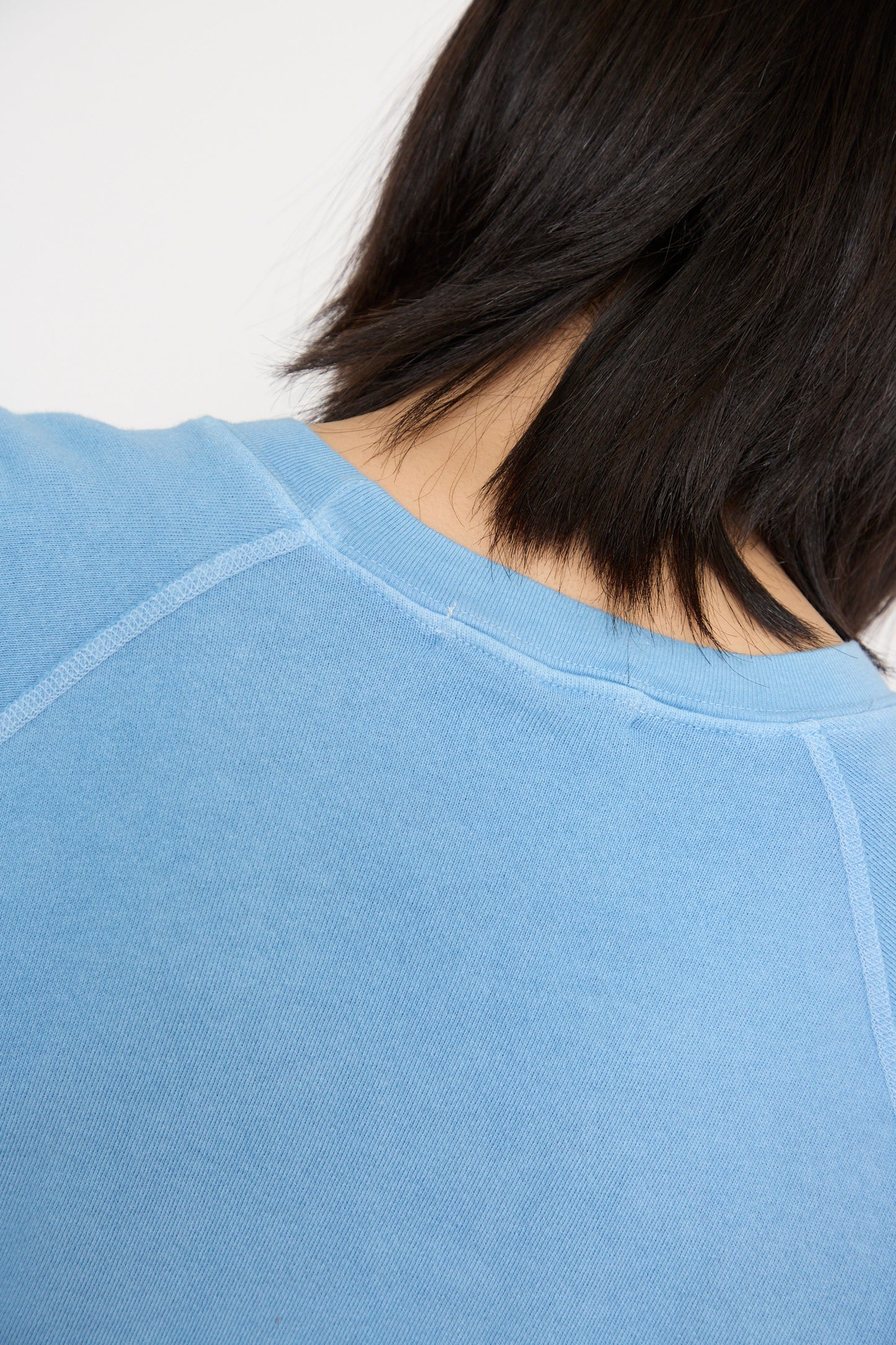 A close-up, back view of a person with medium-length dark hair, wearing the Crewneck Sweatshirt in Arlo Blue by B Sides.