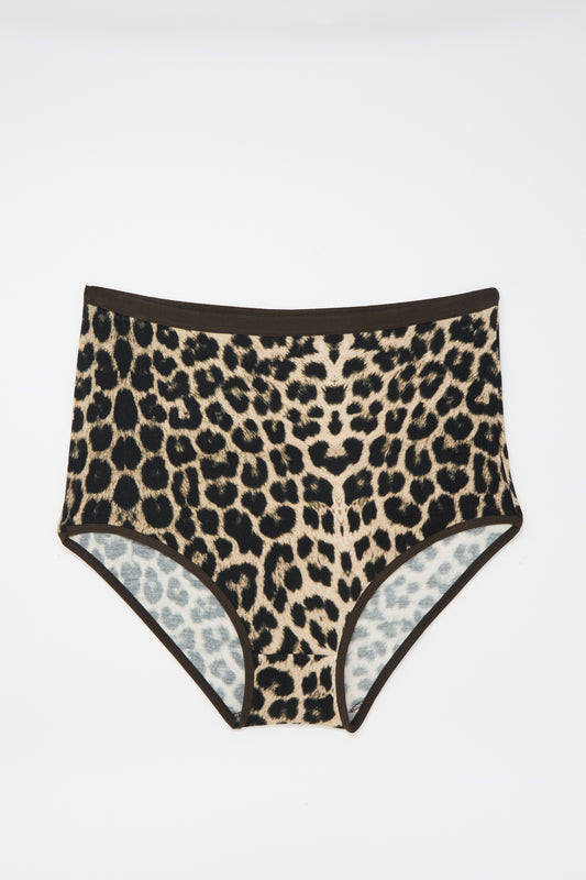 The Highwaist Bell Pants in Leopard by Baserange, crafted from ultra-soft bamboo lyocell fabric, are displayed laid flat on a plain white background.