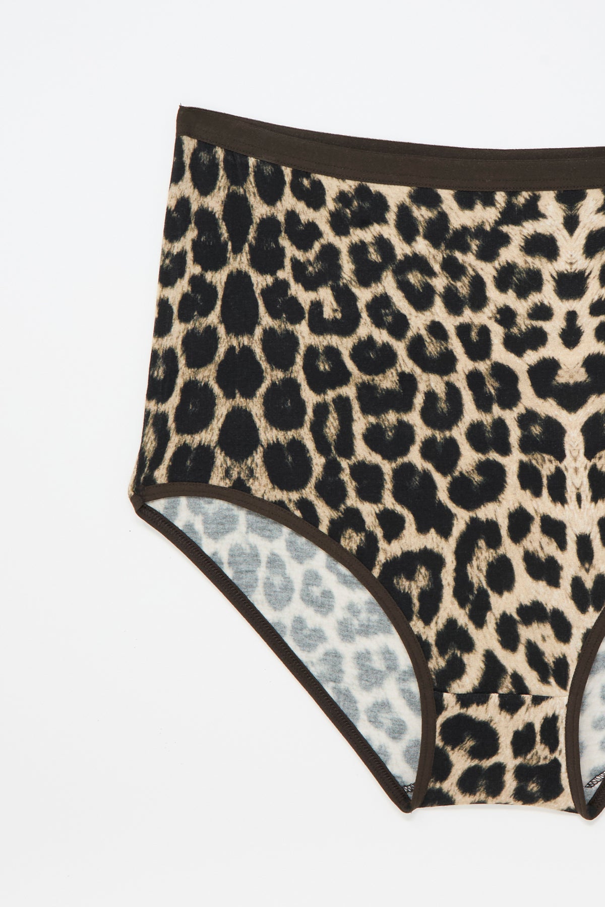 Baserange Highwaist Bell Pants in Leopard—these women’s high-waisted underwear feature black trim at the waist and leg openings, and are made from breathable bamboo lyocell for ultimate comfort, shown against a white background.