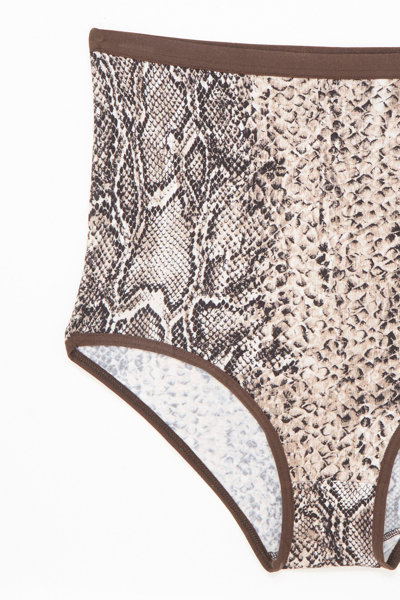 The Baserange Highwaist Bell Pants in Snake are high-rise underwear made in Portugal, featuring a brown snake print and dark brown trim, displayed on a white background.