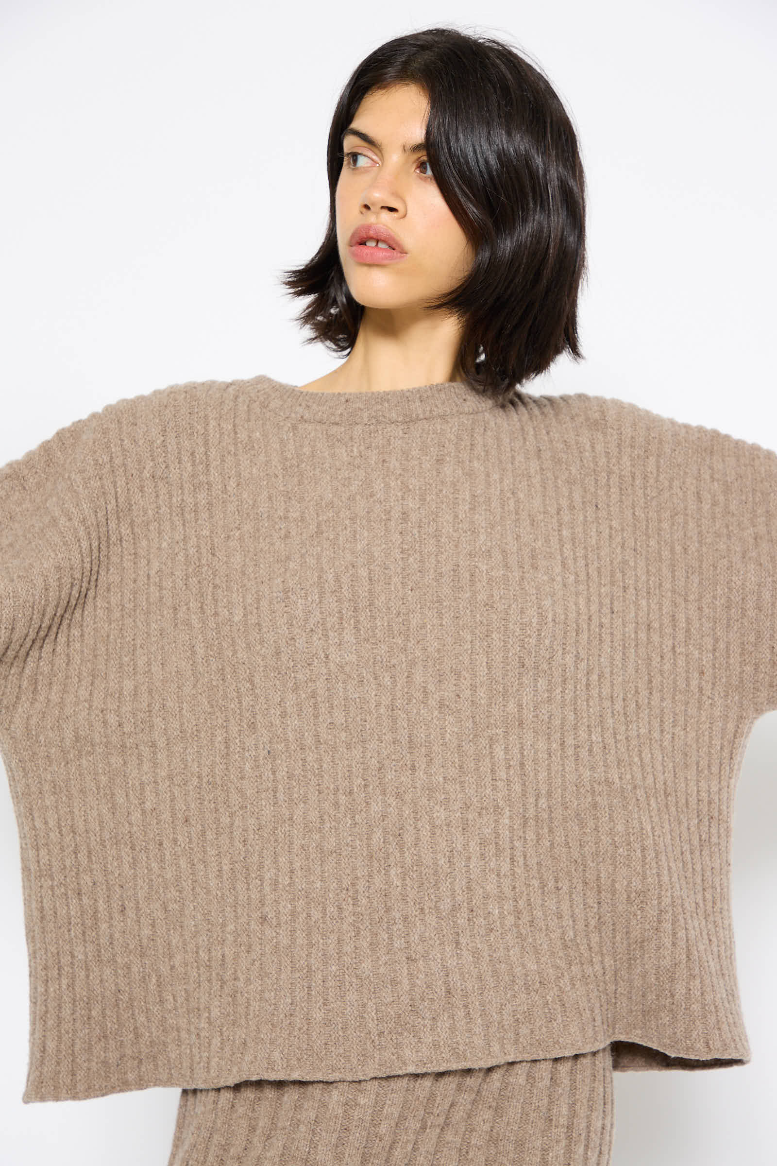 A person with dark hair is wearing a relaxed fit, ribbed, Merino Wool Kai Sweater in Alassio by Baserange and looking to the side against a plain white background.