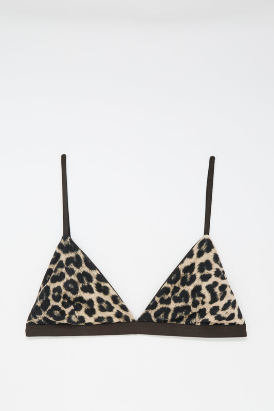 Mississippi Bra in Leopard from Baserange—featuring thin black straps and a band, this eye-catching triangle bra showcases bold leopard print on a classic white background, blending striking style with everyday comfort.