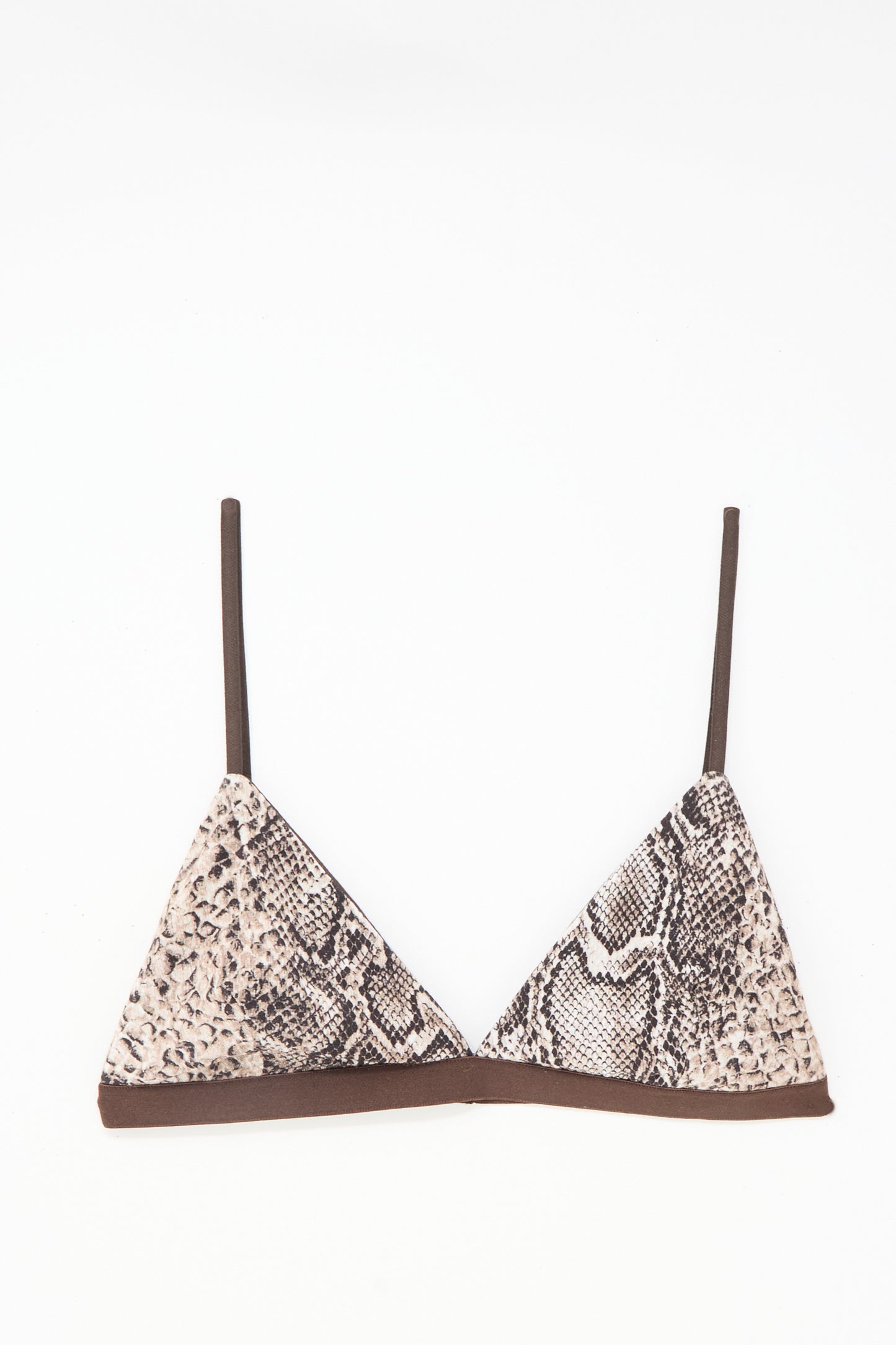 The Baserange Mississippi Bra in Snake is a triangle bikini top with thin straps and a brown and beige snakeskin pattern, supportive for medium and small busts, shown on a white background.