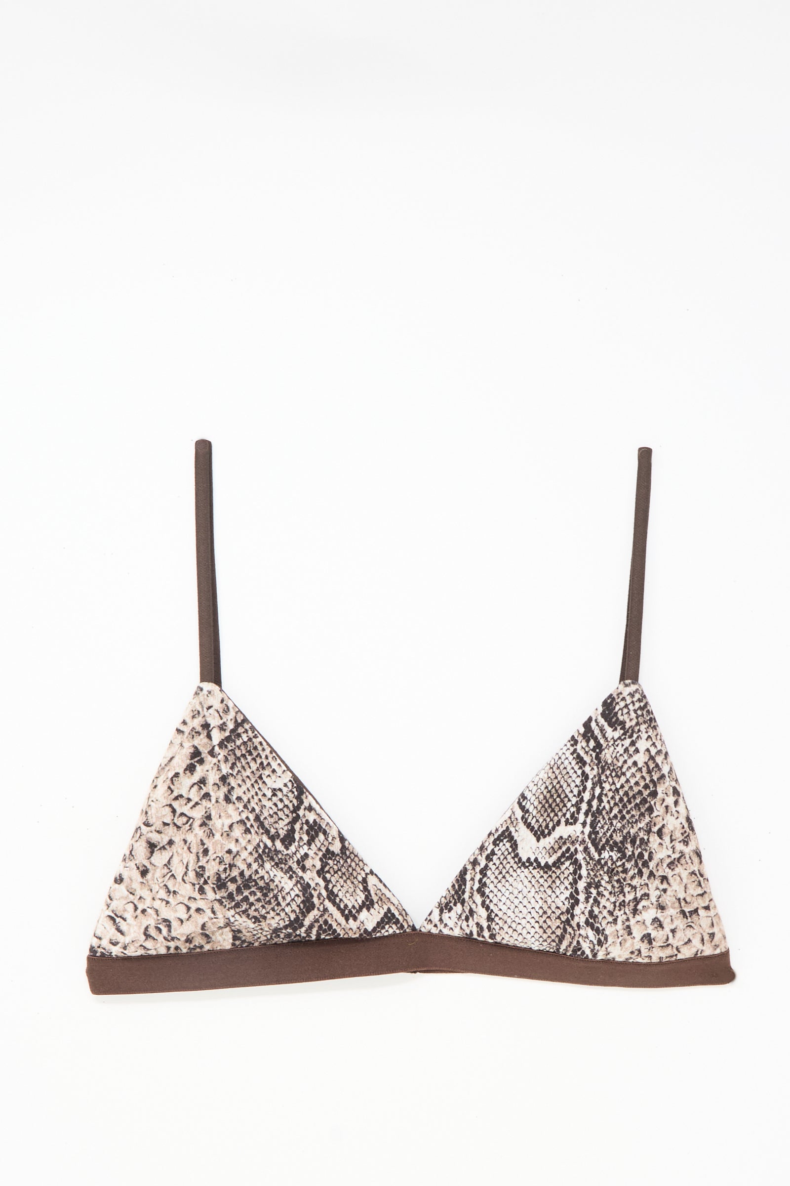 The Baserange Mississippi Bra in Snake is a triangle bikini top with thin straps and a brown and beige snakeskin pattern, supportive for medium and small busts, shown on a white background.