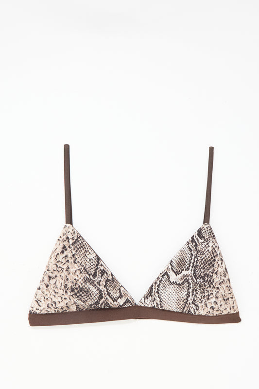 The Baserange Mississippi Bra in Snake is a triangle bikini top with thin straps and a brown and beige snakeskin pattern, supportive for medium and small busts, shown on a white background.